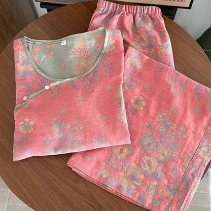 Pyjama oriental en gaze de coton à motif de pivoines roses - image 2