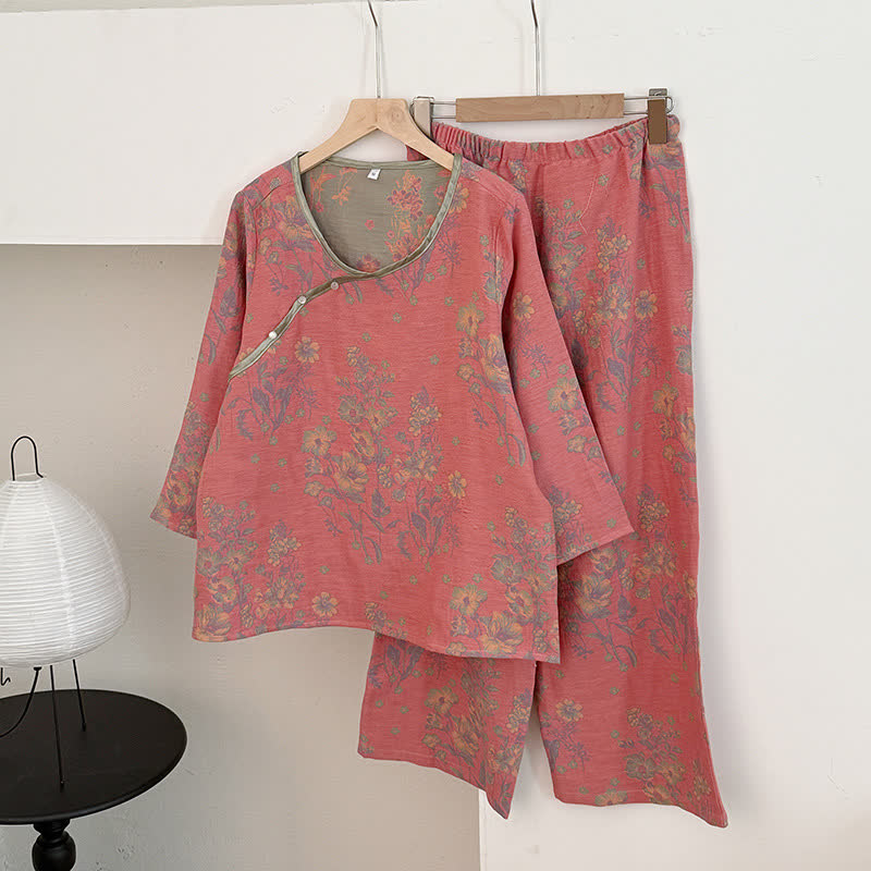 Pyjama oriental en gaze de coton à motif de pivoines roses - rose foncé - XL - image 0