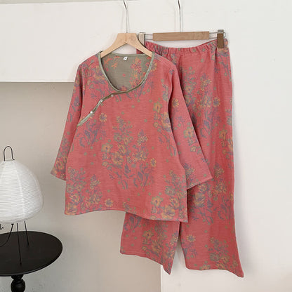 Pyjama oriental en gaze de coton à motif de pivoines roses - rose foncé - XL - image 0