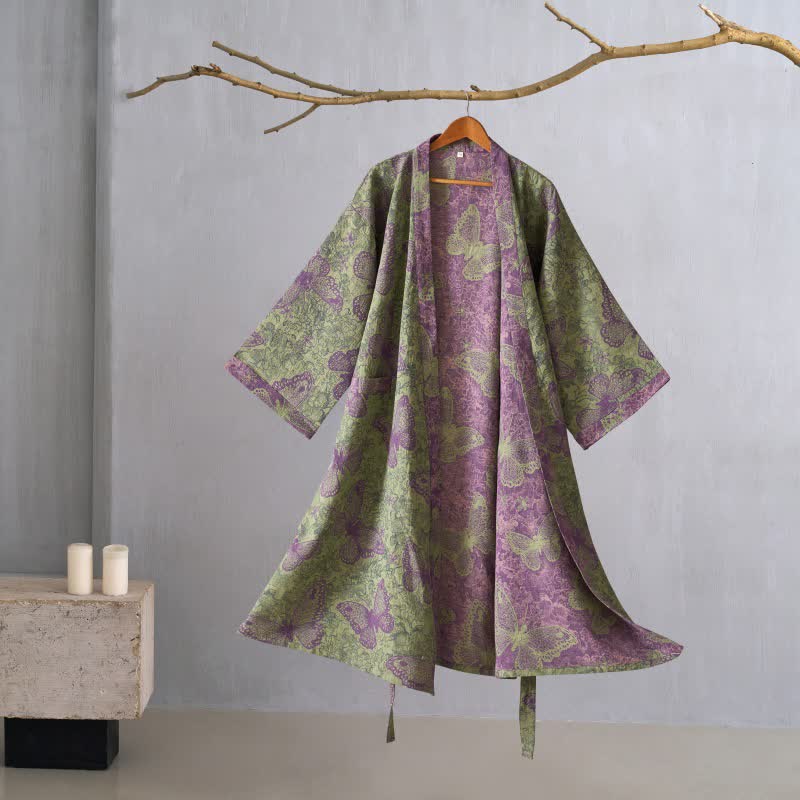 Peignoir de style kimono onirique en gaze de coton à motif papillon - Vert - XL - image 0