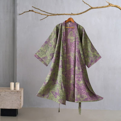 Peignoir de style kimono onirique en gaze de coton à motif papillon - Vert - XL - image 0