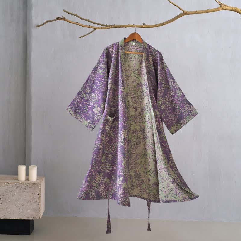 Kimono en gaze de coton avec housse à motifs botaniques - Violet - XL - image 0