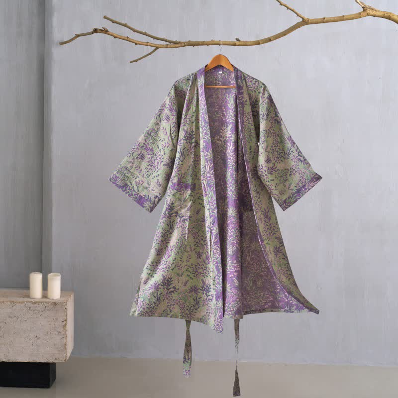 Kimono en gaze de coton avec housse à motifs botaniques - Vert - XL - image 8