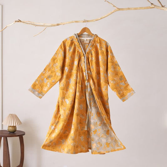 Chemise de nuit en coton à volants et à motif de feuille de ginkgo - Jaune - XL - image 0
