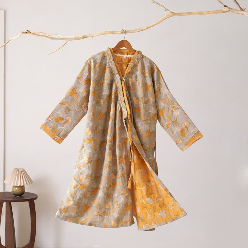 Chemise de nuit en coton à volants et à motif de feuille de ginkgo - Gris - XL - image 12