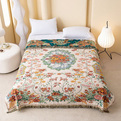 Couverture avec bouquet de fleurs, gaze de coton, pompons - 230 cm x 250 cm - image 0