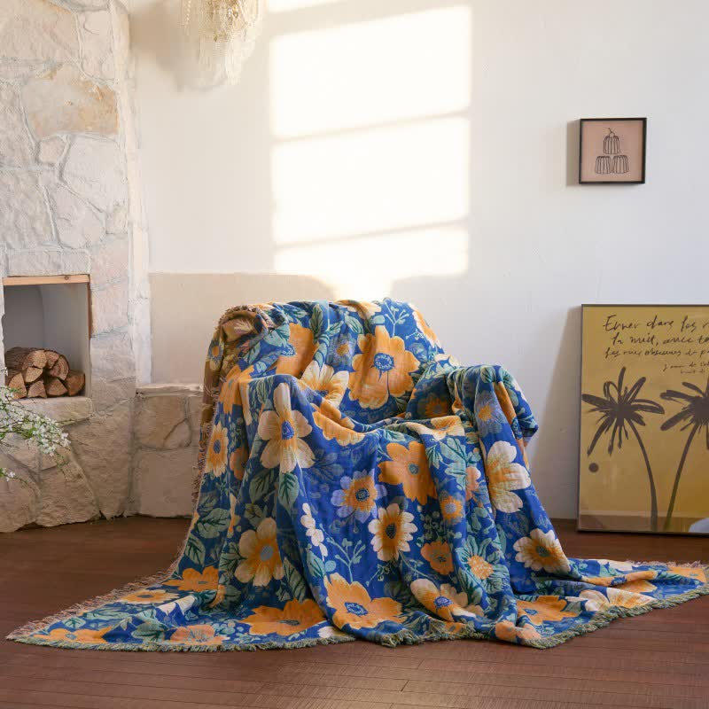 Couverture en gaze de coton avec pompons et un léger motif de marguerites - 230 cm x 250 cm - image 0
