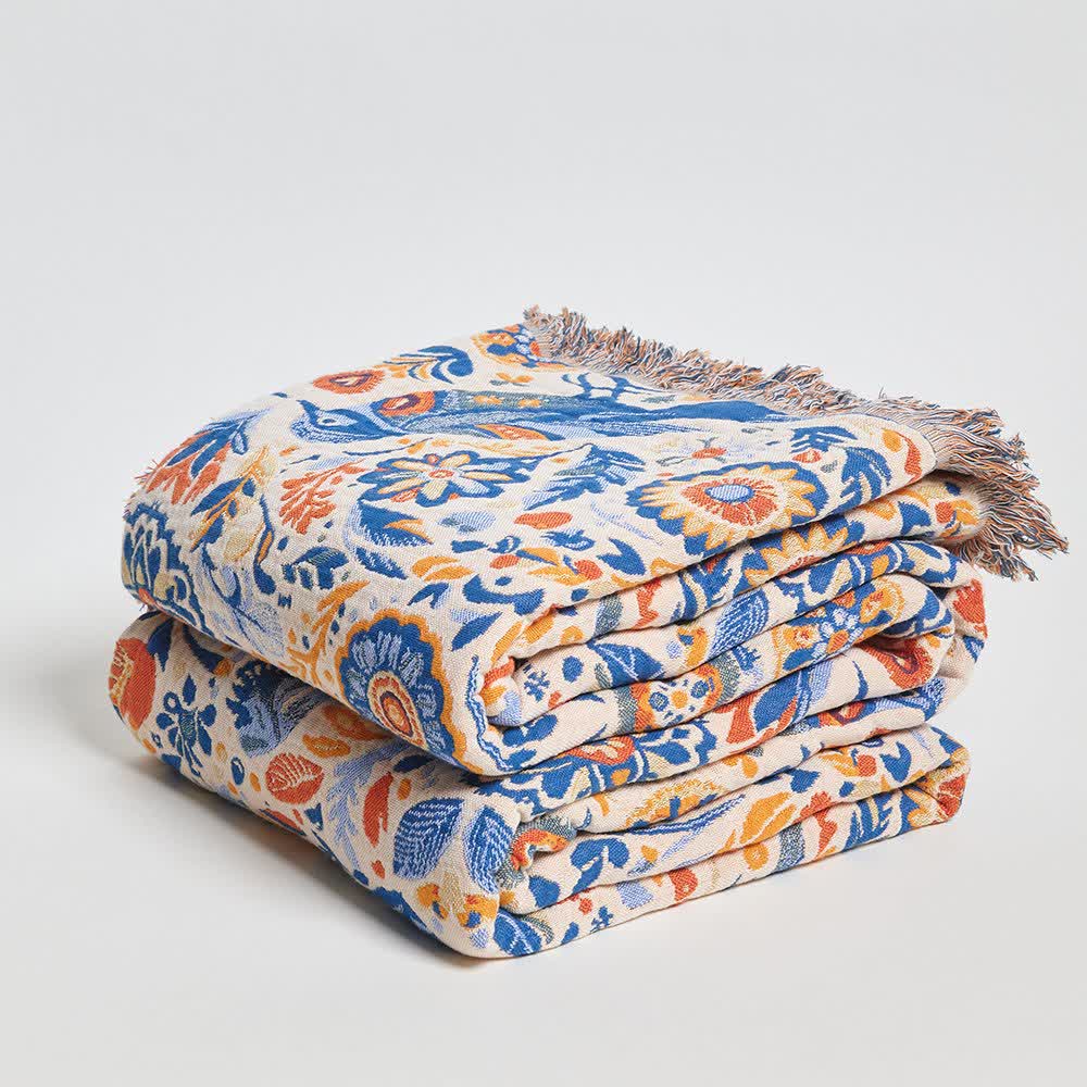 Couverture vintage en gaze de coton à motif d'oiseaux et à pompons - image 3