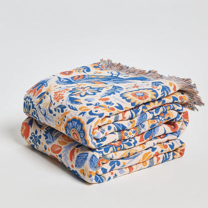 Couverture vintage en gaze de coton à motif d'oiseaux et à pompons - image 3