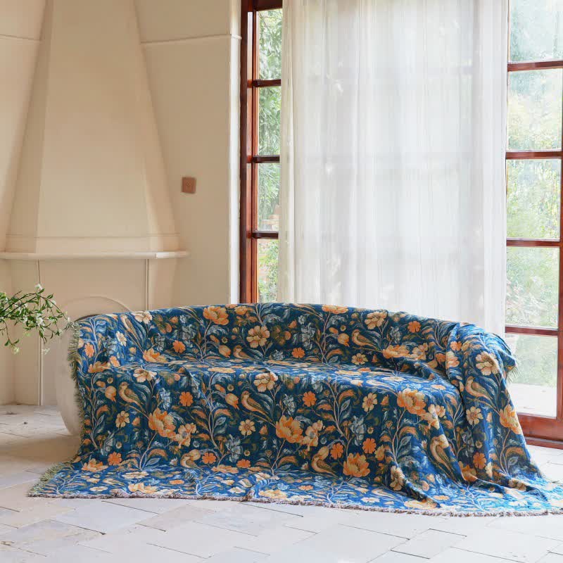 Couverture en coton coloré à motifs floraux, d'oiseaux et de pompons - image 1