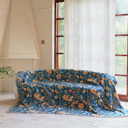 Couverture en coton coloré à motifs floraux, d'oiseaux et de pompons - image 1