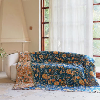 Couverture en coton coloré à motifs floraux, d'oiseaux et de pompons - image 2