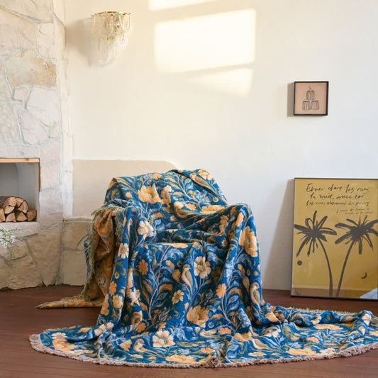 Couverture en coton coloré à motifs floraux, d'oiseaux et de pompons - 230 cm x 250 cm - image 0