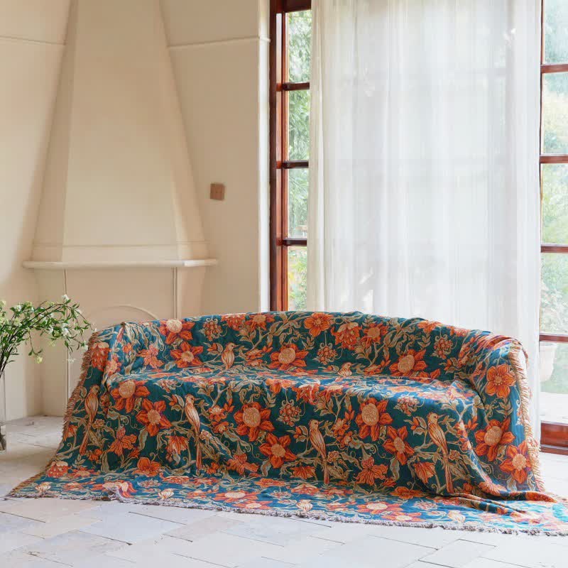 Couverture luxueuse en coton à motifs floraux et à pompons - image 1