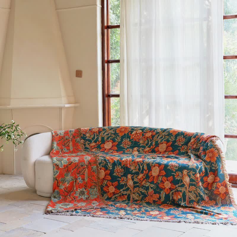 Couverture luxueuse en coton à motifs floraux et à pompons - image 2
