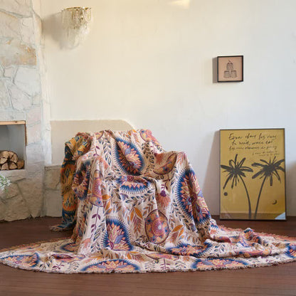 Couverture en coton ornée d'un médaillon floral et de pompons - 230 cm x 250 cm - image 0