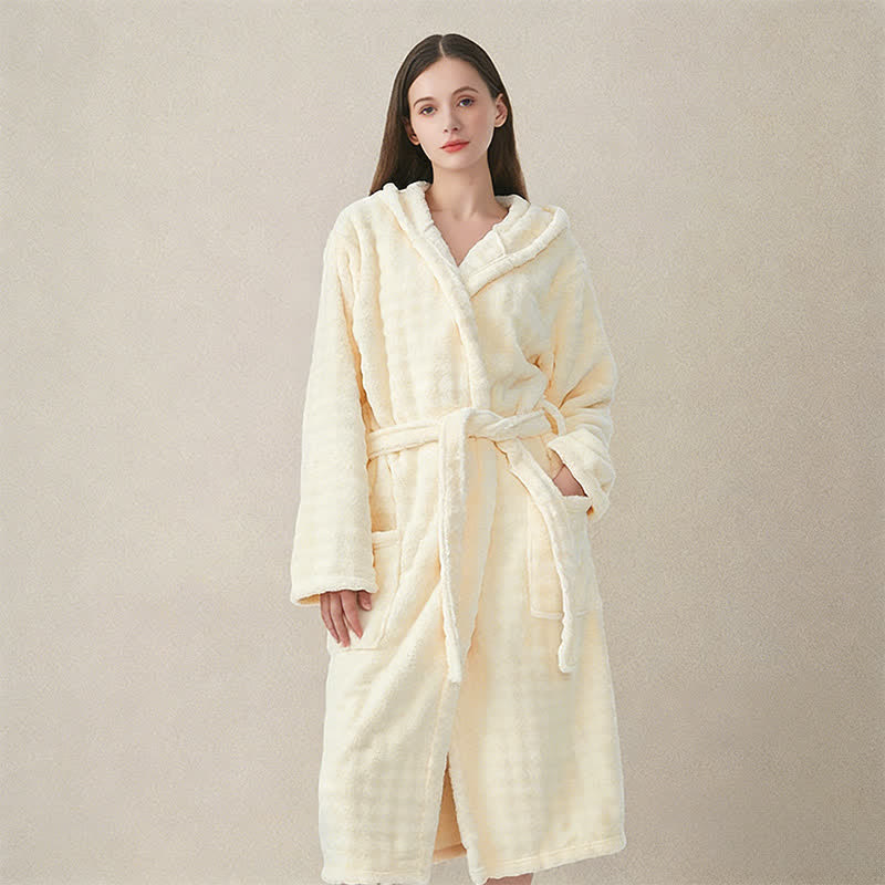 Peignoir simple en flanelle avec capuche et poches - Beige - Taille unique - image 0