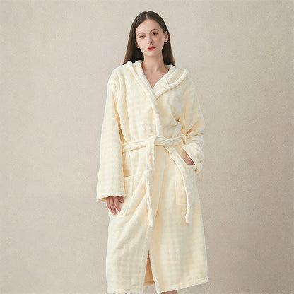 Peignoir simple en flanelle avec capuche et poches - Beige - Taille unique - image 0