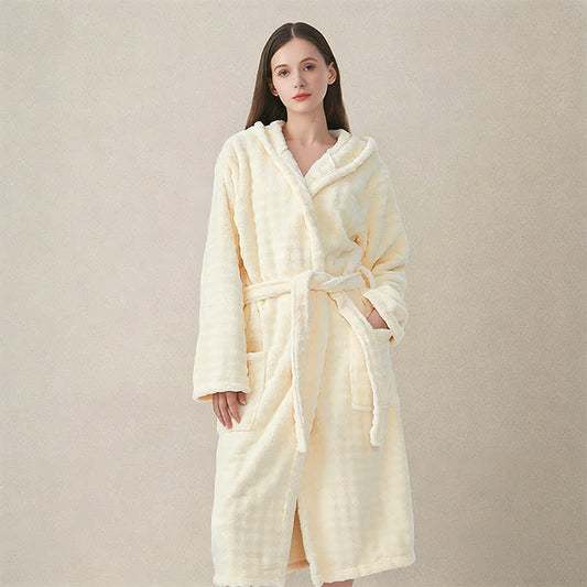 Peignoir simple en flanelle avec capuche et poches - Beige - Taille unique - image 0