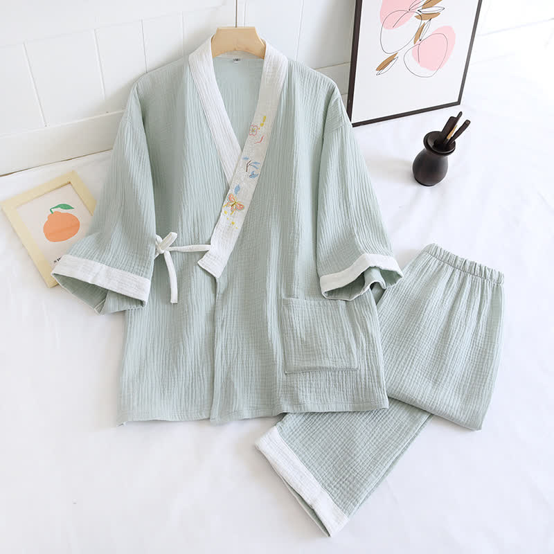 Kimono d'intérieur en gaze de coton brodée de papillons - Vert - XL - image 17