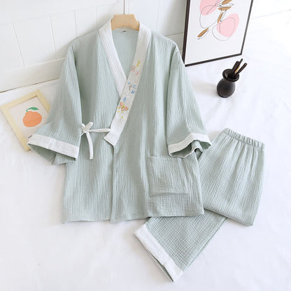 Kimono d'intérieur en gaze de coton brodée de papillons - Vert - XL - image 17