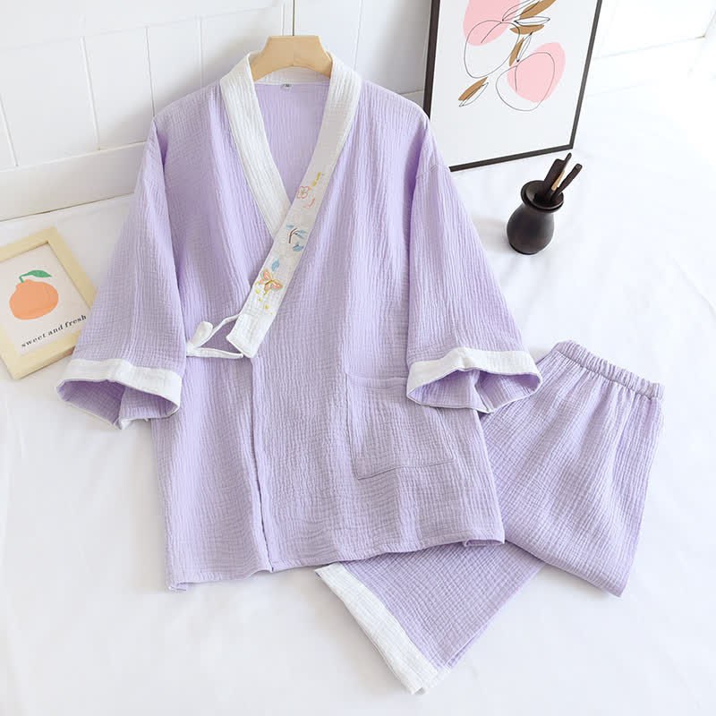 Kimono d'intérieur en gaze de coton brodée de papillons - violet clair - XL - image 16