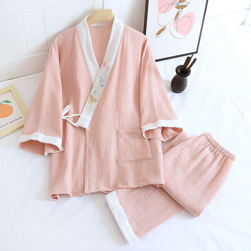 Kimono d'intérieur en gaze de coton brodée de papillons - Rose - XL - image 3