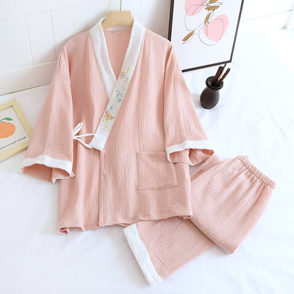 Kimono d'intérieur en gaze de coton brodée de papillons - Rose - XL - image 3