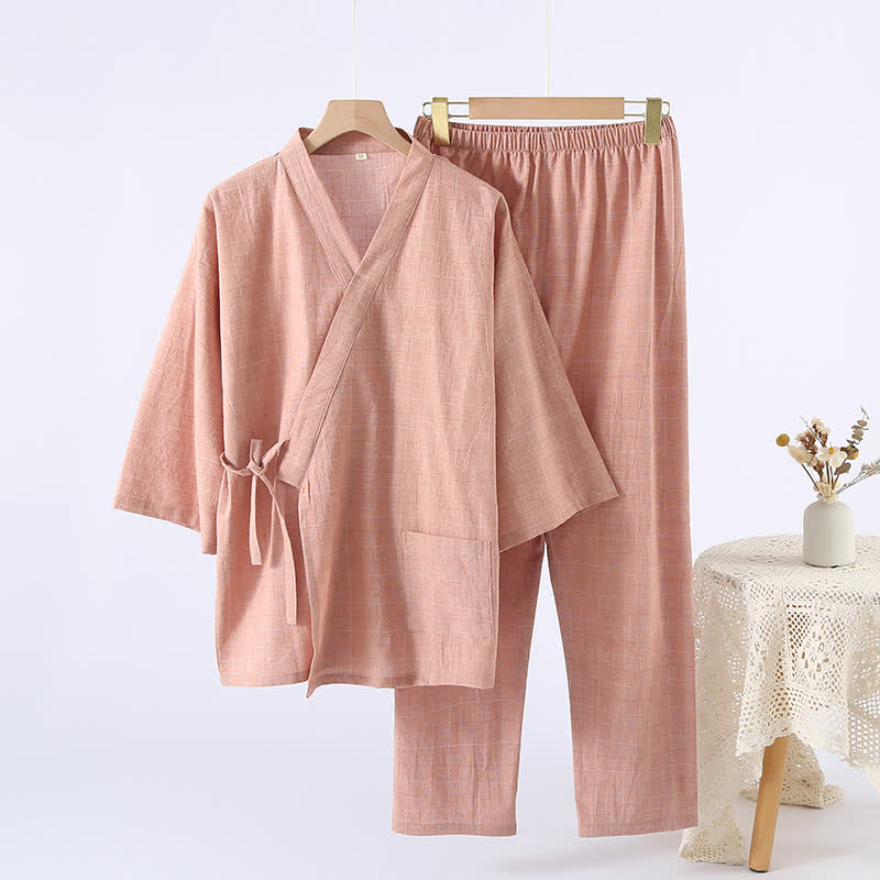 Kimono d'intérieur en gaze de coton à carreaux discrets - Orange - XL - image 9
