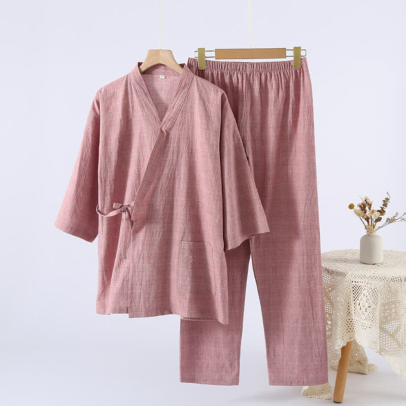 Kimono d'intérieur en gaze de coton à carreaux discrets - Violet - XL - image 0