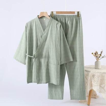Kimono d'intérieur en gaze de coton à carreaux discrets - Vert - XL - image 10