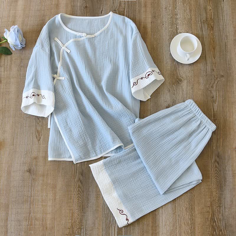 Vêtements d'intérieur de style oriental en gaze de coton, kimono - Bleu - XL - image 17