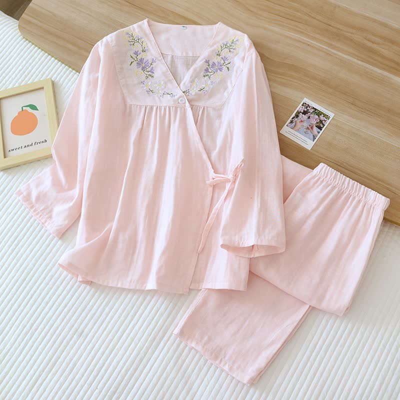 Kimono d'intérieur en gaze de coton orné de broderies florales - rose clair - XL - image 3