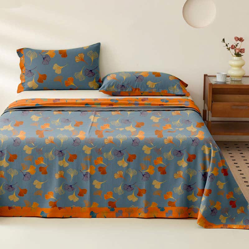Couvre-lit en gaze de coton jacquard « Ginkgo Biloba » - Bleu - 2 taies d'oreiller - 102 cm x 51 cm - image 0