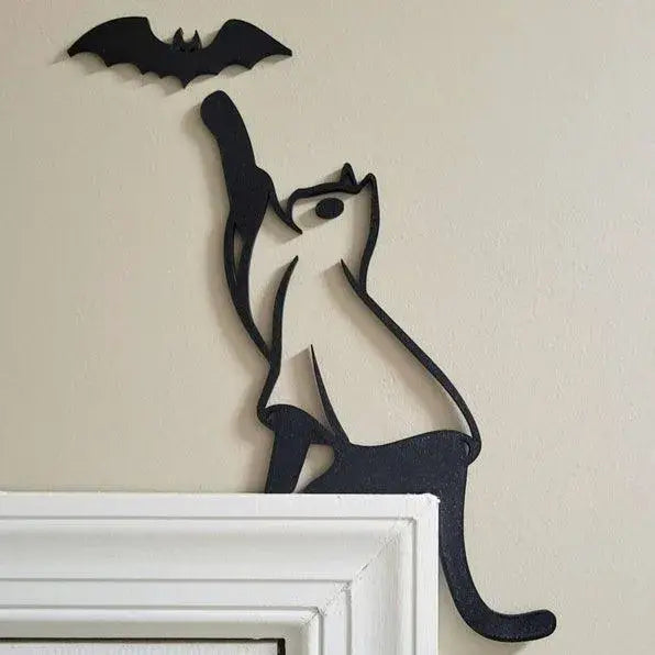 Décoration de cadre de porte avec une chauve-souris noire - 3 pièces - Chauve-souris (8 cm x 2,5 cm) et chat (20 cm x 13 cm) - image 1