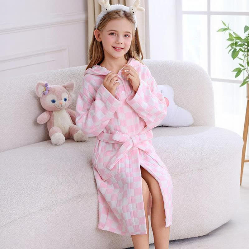 Peignoir enfant à carreaux en gaze de coton avec capuche - Rose - Enfant : 145–160 cm - image 0