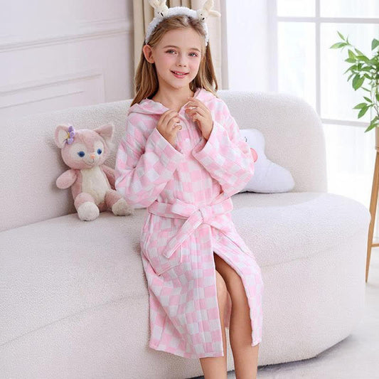 Peignoir enfant à carreaux en gaze de coton avec capuche - Rose - Enfant : 145–160 cm - image 0