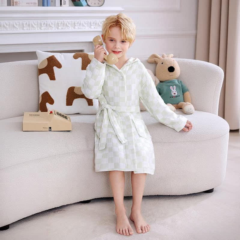 Peignoir enfant à carreaux en gaze de coton avec capuche - image 7