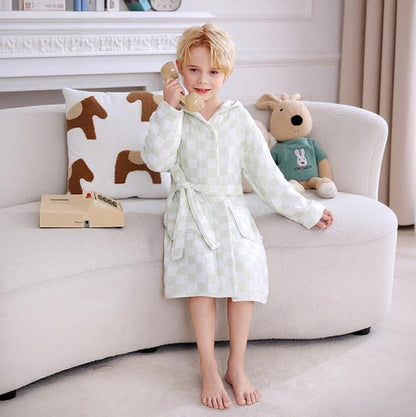 Peignoir enfant à carreaux en gaze de coton avec capuche - image 7