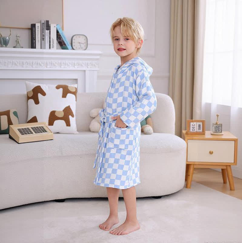 Peignoir enfant à carreaux en gaze de coton avec capuche - image 3