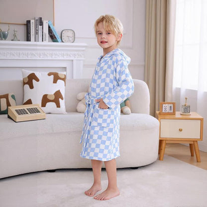 Peignoir enfant à carreaux en gaze de coton avec capuche - image 3