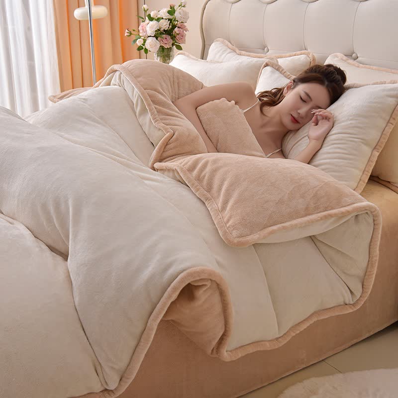 Ensemble de literie réversible en peluche unie - Beige et abricot - ensemble de literie - 220 cm x 240 cm - image 5