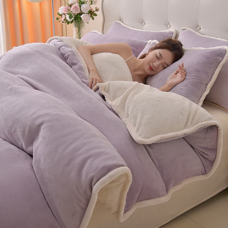 Ensemble de literie réversible en peluche unie - Violet et beige - ensemble de literie - 220 cm x 240 cm - image 3