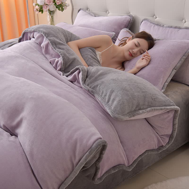 Ensemble de literie réversible en peluche unie - Violet et gris - ensemble de literie - 220 cm x 240 cm - image 2