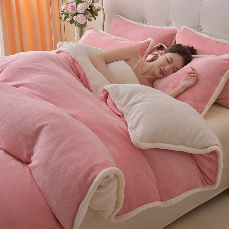 Ensemble de literie réversible en peluche unie - Rose et beige - ensemble de literie - 220 cm x 240 cm - image 4