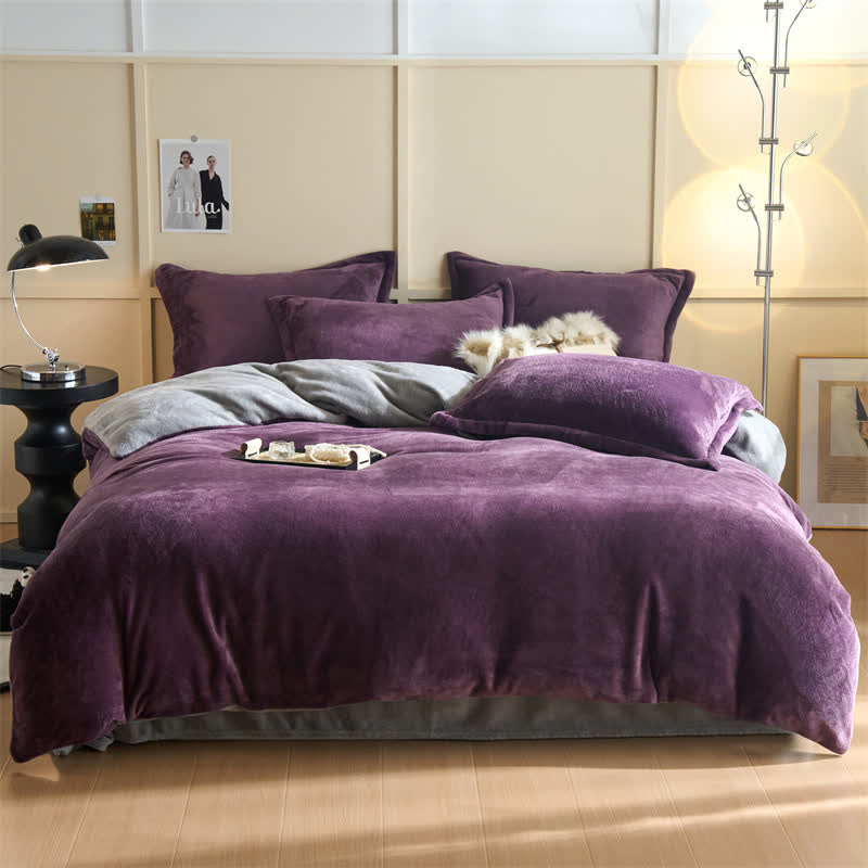 Ensemble de literie en peluche simple, réversible et uni - violet foncé et gris - ensemble de literie - 220 cm x 240 cm - image 9