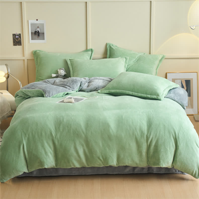 Ensemble de literie en peluche simple, réversible et uni - Vert clair et gris - ensemble de literie - 220 cm x 240 cm - image 5