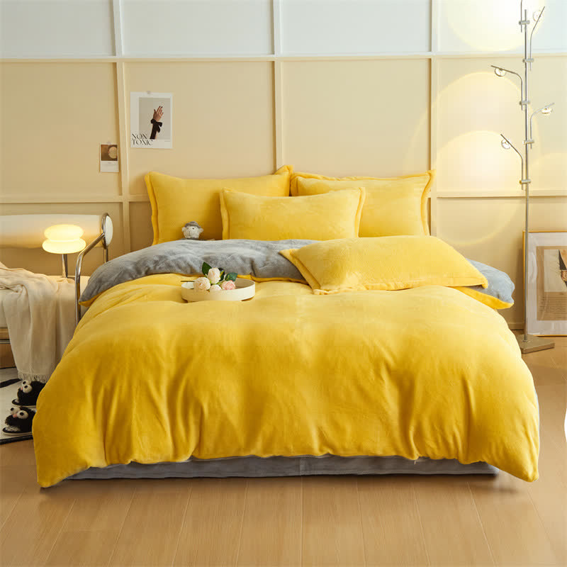Ensemble de literie en peluche simple, réversible et uni - Jaune et gris - ensemble de literie - 220 cm x 240 cm - image 3