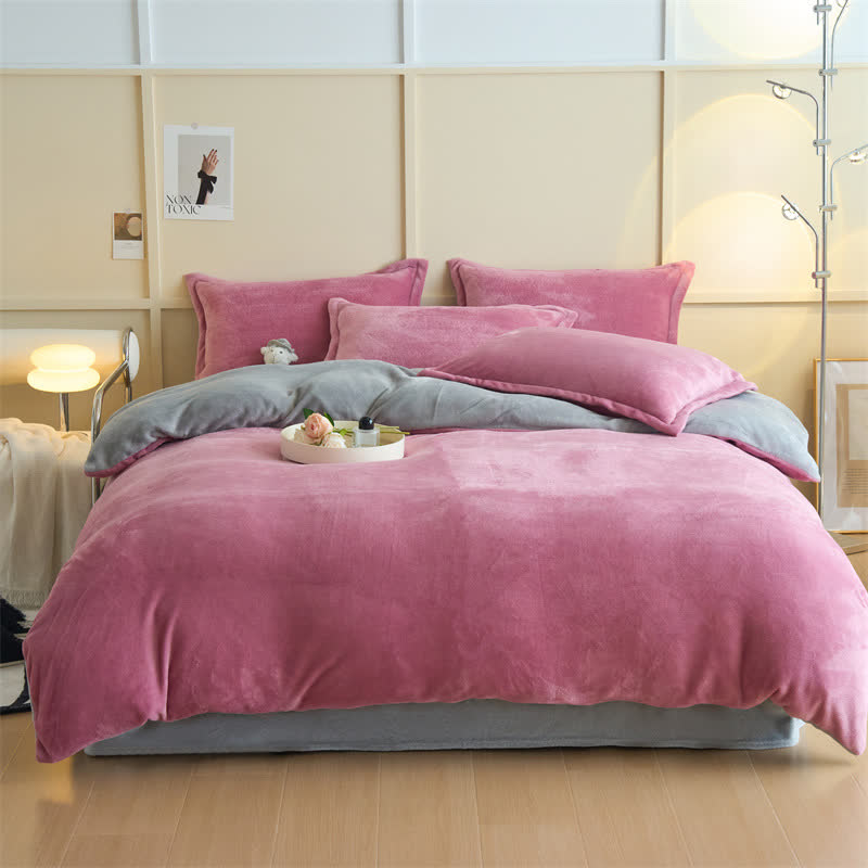 Ensemble de literie en peluche simple, réversible et uni - Rose foncé et gris - ensemble de literie - 220 cm x 240 cm - image 8