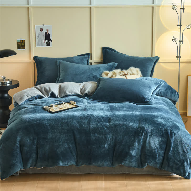 Ensemble de literie en peluche simple, réversible et uni - Bleu marine et gris - ensemble de literie - 220 cm x 240 cm - image 10